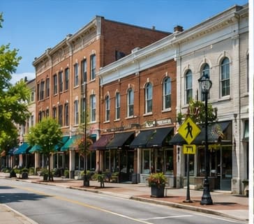 A completed brick mixed-use block at the edge of downtown Notcross