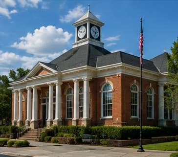 A brick municipal building with a white clock tower