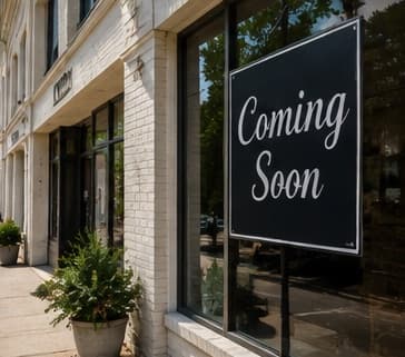 A vacant downtown storefront with a Coming Soon sign in the window