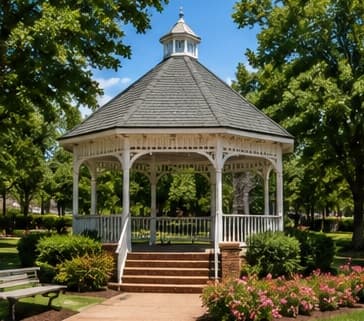 The gazebo and flower beds at Thrasher Park on a summer afternoon