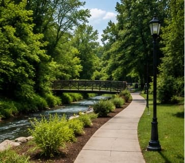 A paved greenway path crossing a creek below the overlook