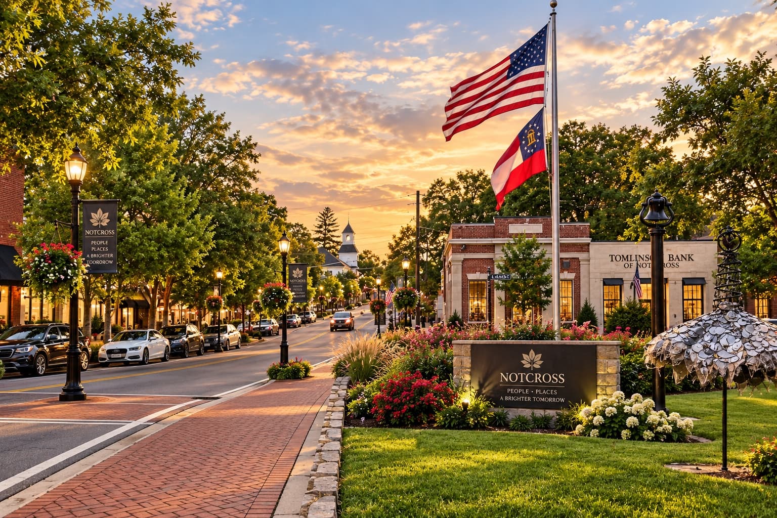 S Peachtree Street at dusk, looking down the main street past the Notcross monument and Tomlinson Bank