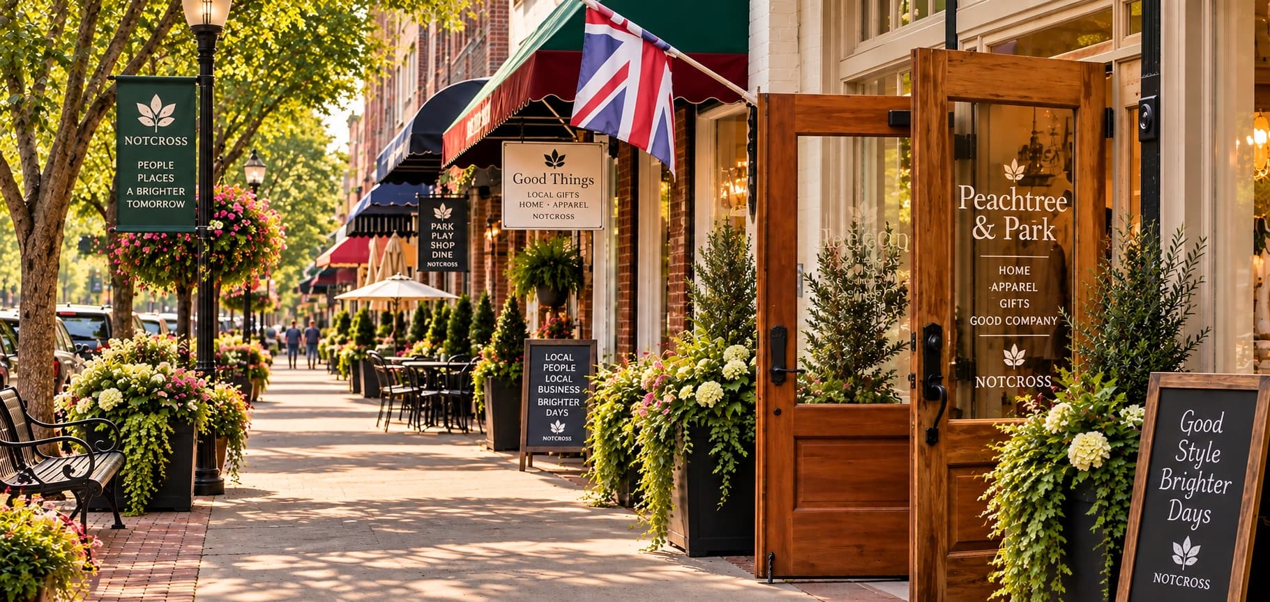 Shopfronts along S Peachtree Street, awnings and planters down the pavement
