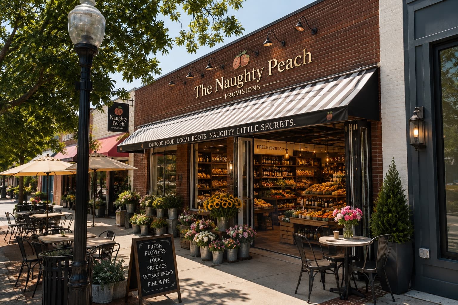 The Naughty Peach Provisions storefront with a striped awning and flower buckets on the pavement