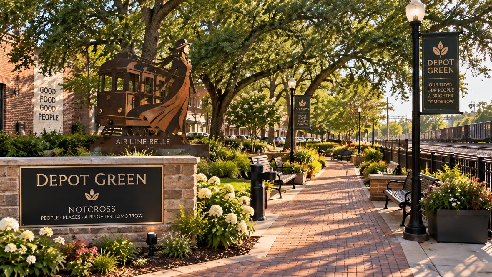 Depot Green with the Air Line Belle steel sculpture beside the brick walk, the rail alignment to the right