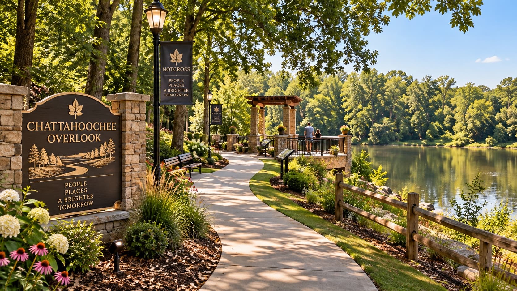 The Chattahoochee Overlook entrance sign and riverside walk, with the viewing pergola beyond