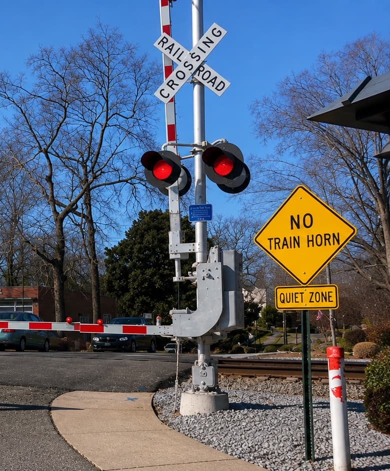 The upgraded Park Drive crossing with four-quadrant gates lowered and the NO TRAIN HORN sign in place