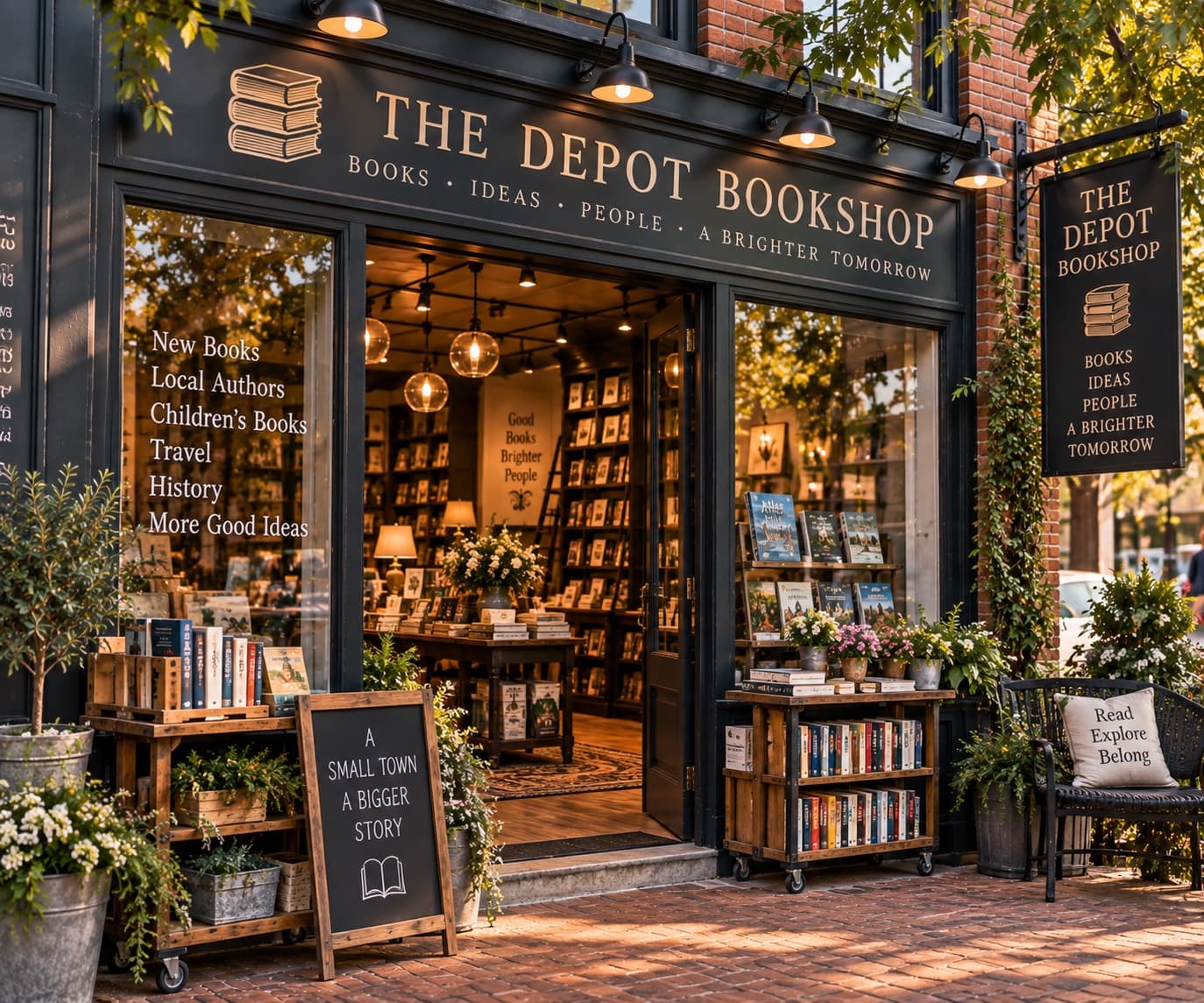 The Depot Bookshop, book carts out front and a reading nook visible through the glass