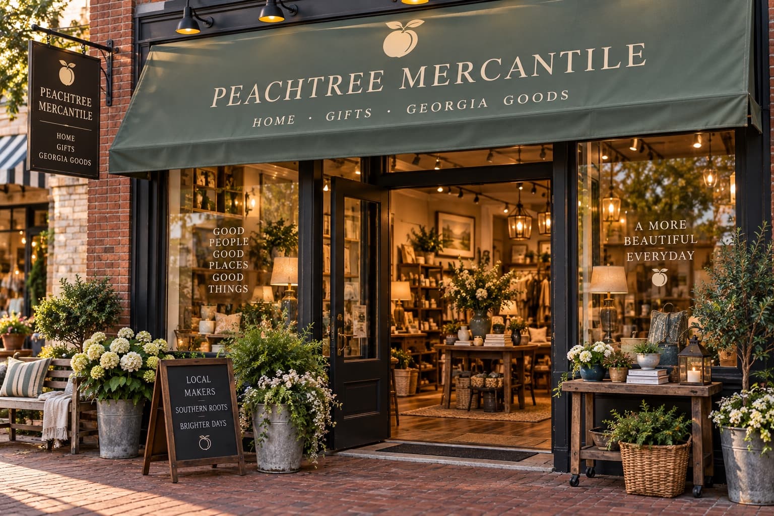 Peachtree Mercantile under its green awning, home and gift goods visible through the windows