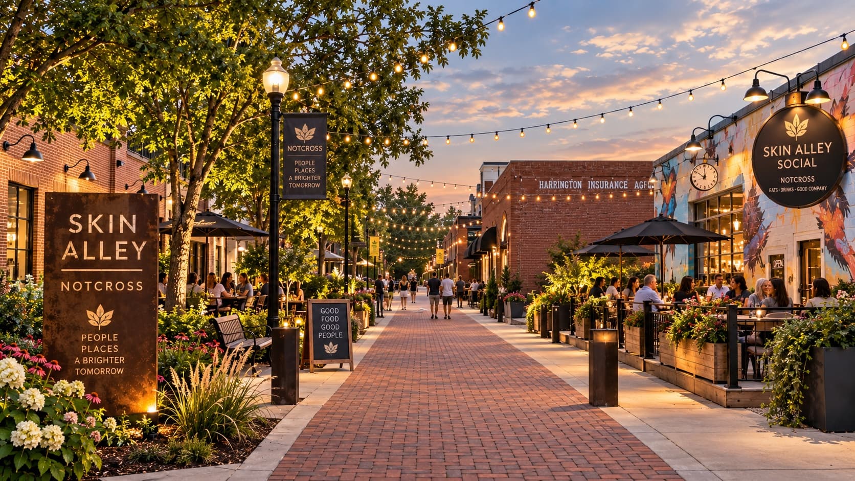 Skin Alley Social, terrace tables along the alley beneath string lights at dusk