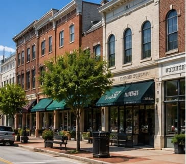 Downtown Notcross storefronts with green awnings and street trees