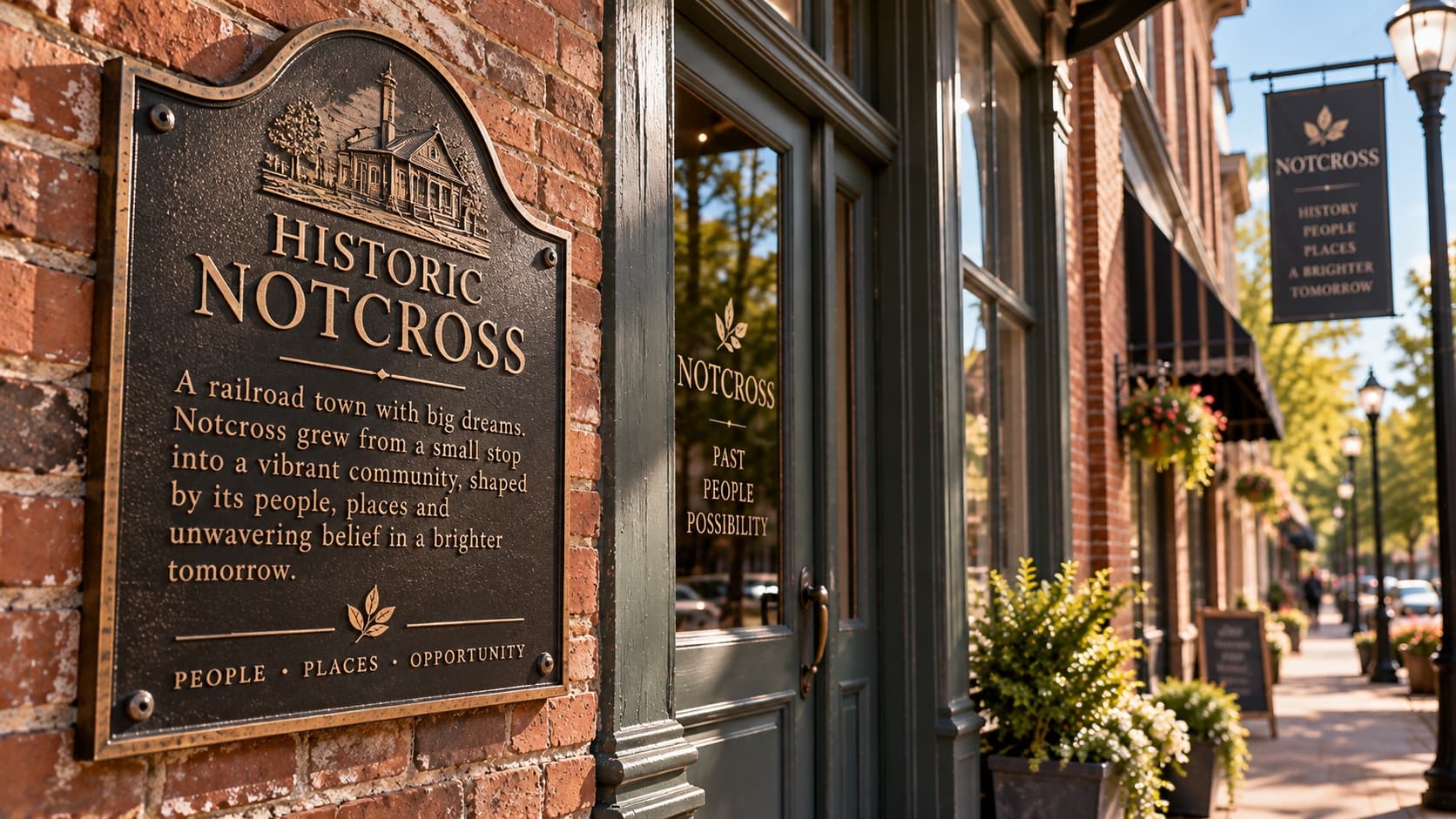 A bronze Historic Notcross marker mounted on an old brick wall beside a shopfront door