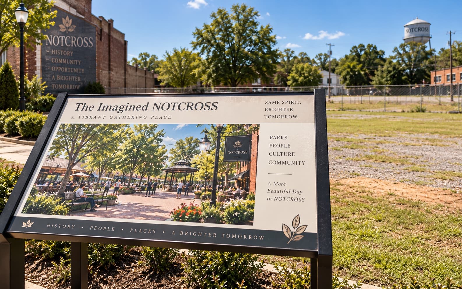 An interpretive display board showing a rendering of a thriving Notcross plaza, standing at the edge of a bare grass lot