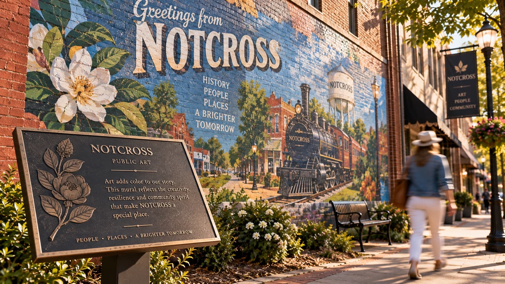 The Greetings from Notcross mural with a bronze public-art plaque in front of it
