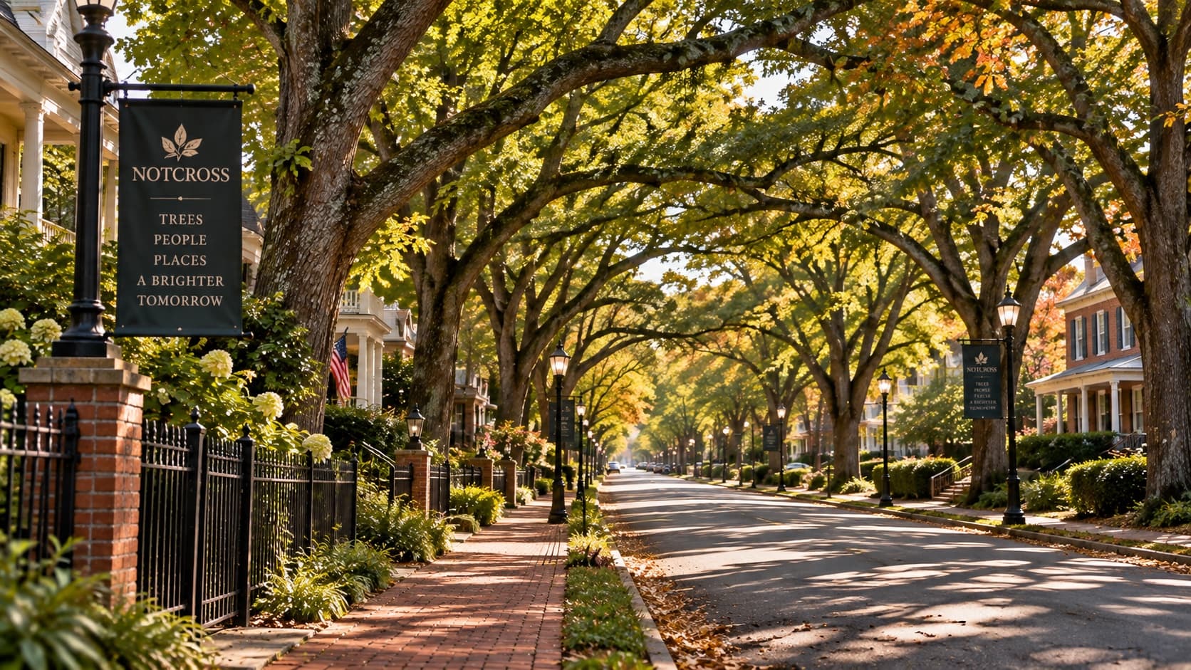 A residential street beneath an arching canopy of mature oaks turning in early autumn, with a Notcross tree banner on a lamppost