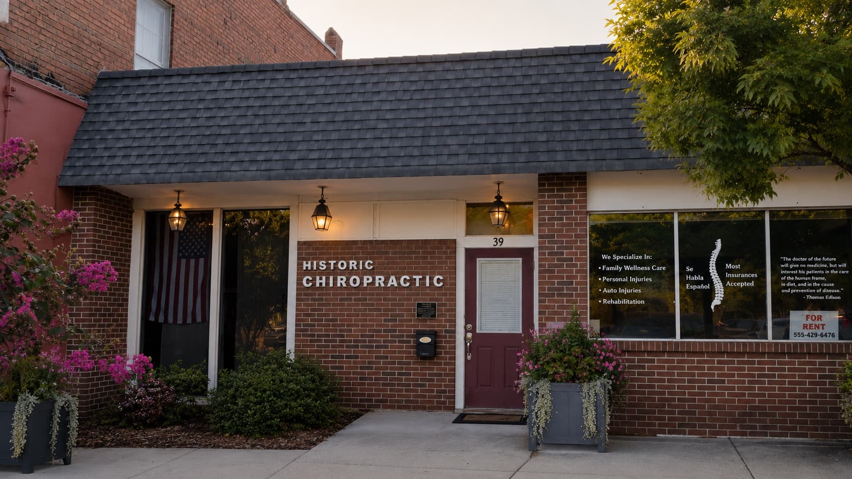 39 S Peachtree Street as the chiropractic office, before conversion — brick storefront, shingled awning and a FOR RENT sign in the window